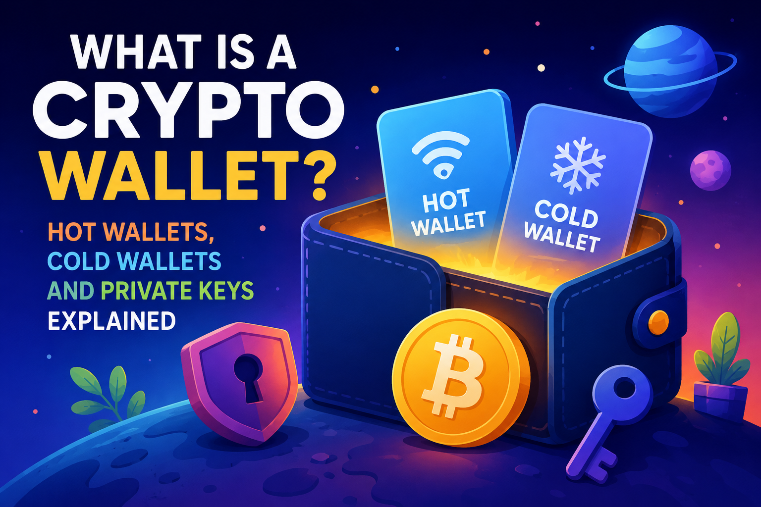 Crypto wallet guide illustration showing a digital wallet, blockchain network, lock, key and security shield